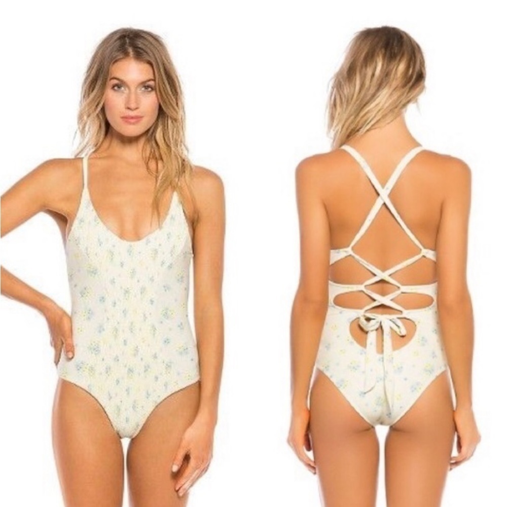 Tori Praver Ivory Scoop Neck Ditsy Floral Tie Back One Piece Swimsuit Size Large